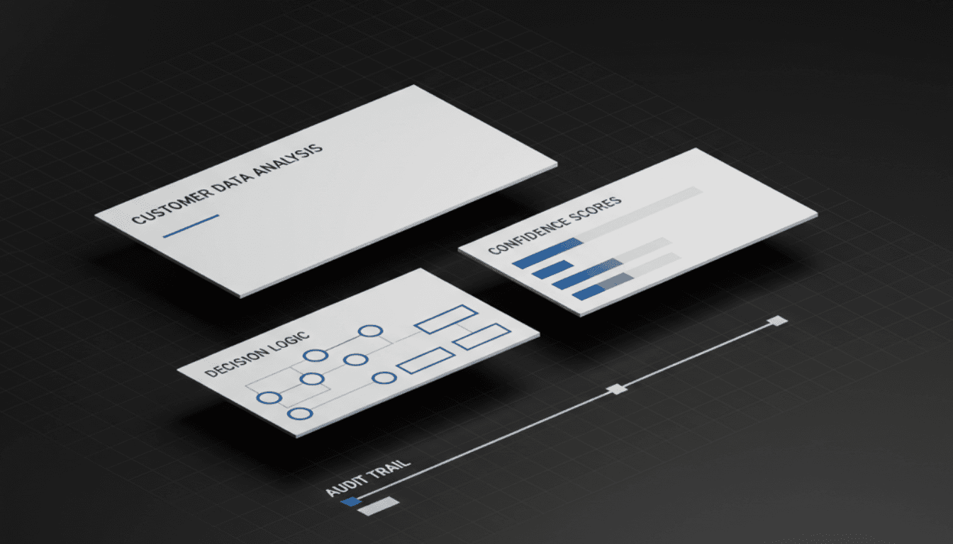 AI agent workflow showing customer data analysis, decision logic, confidence scores, and audit trail