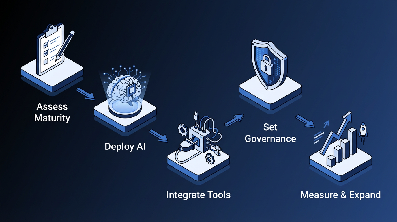 Five-step setup flow for an AI-powered IT service desk: assess maturity, deploy AI, integrate tools, set governance, measure and expand.