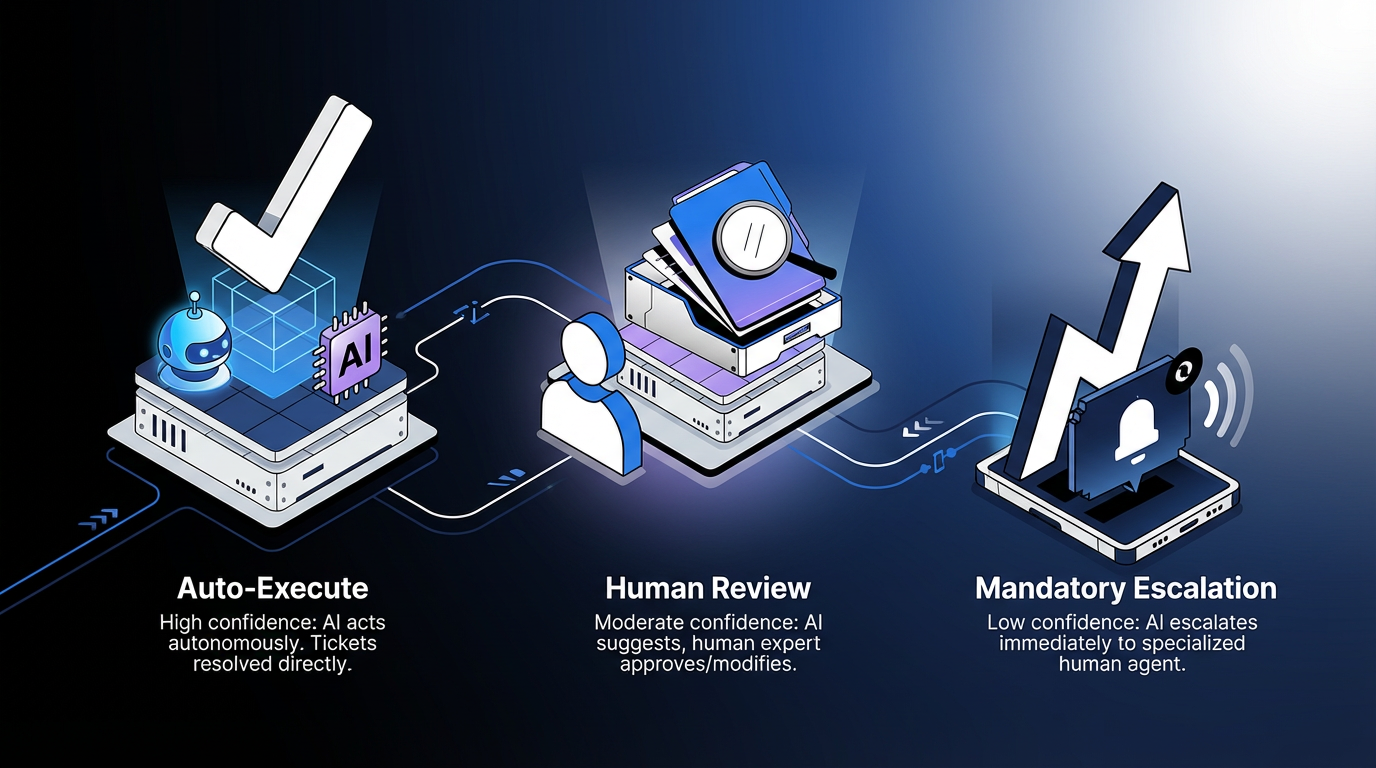 Three confidence tiers for AI service desk actions: auto-execute on high confidence, human review on moderate, mandatory escalation on low.