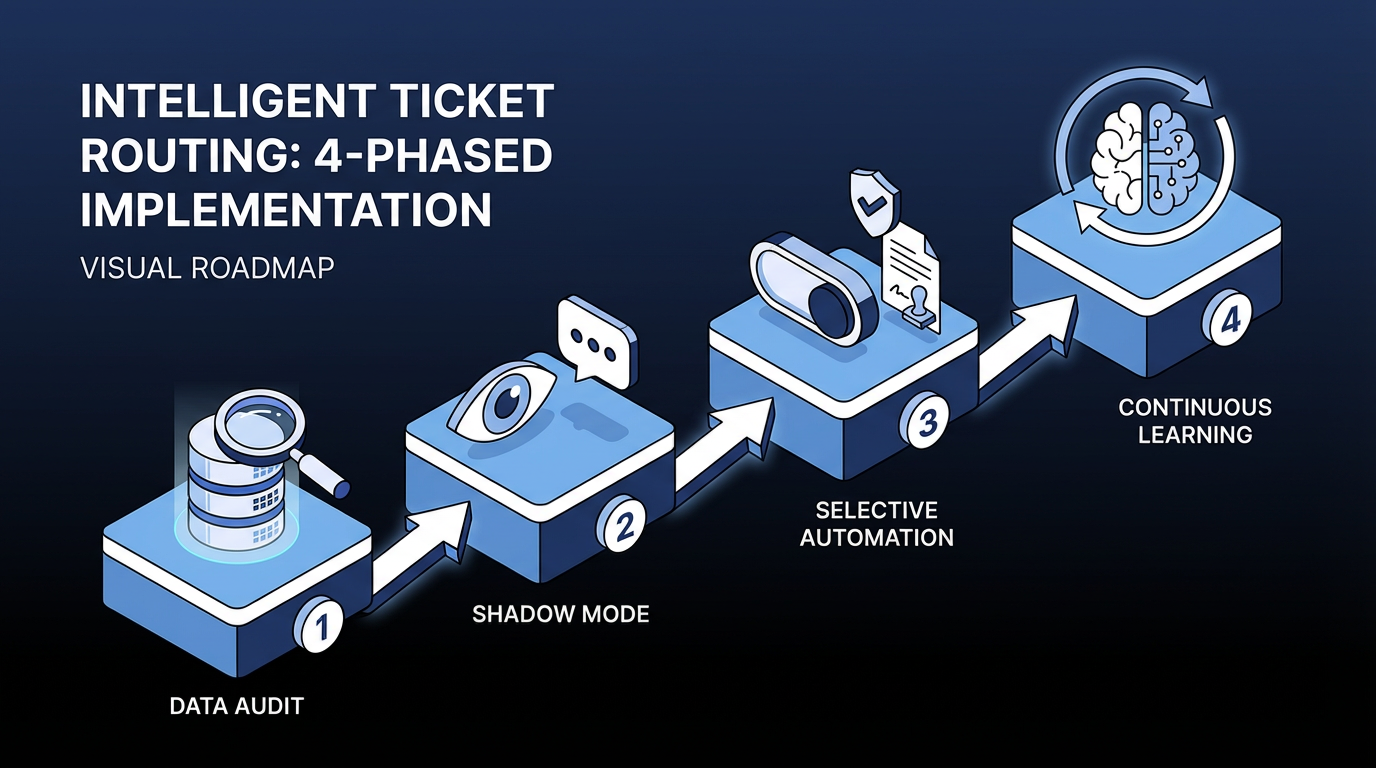 Four-phase intelligent ticket routing implementation roadmap: data audit, shadow mode, selective automation, continuous learning.