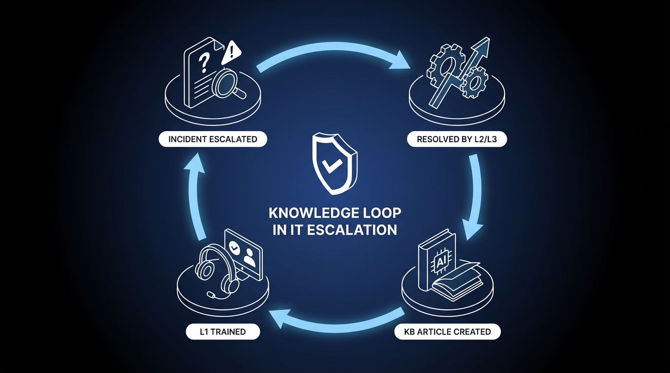Knowledge loop cycle in IT escalation: incident escalated, resolved by L2/L3, KB article created, L1 trained.