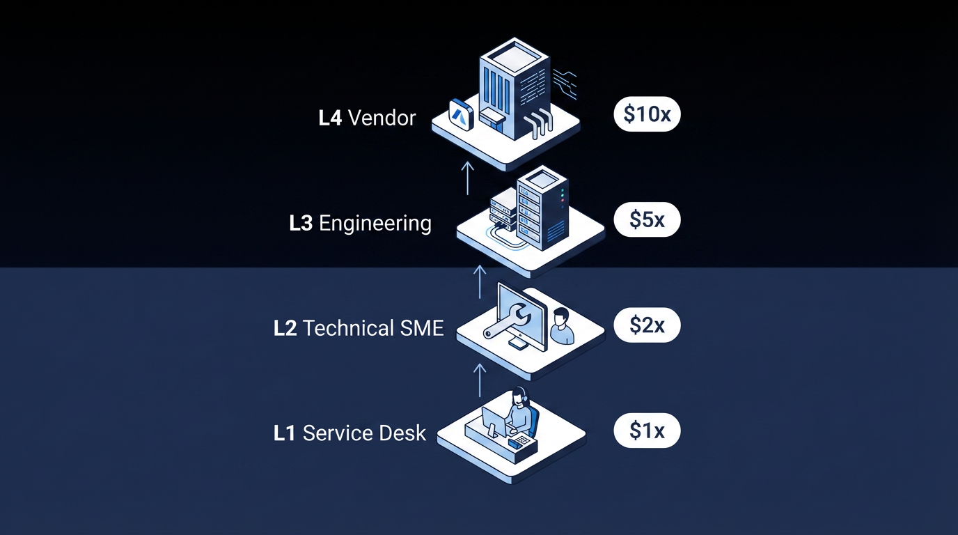 IT support tier structure showing L1 to L4 with rising cost multipliers from 1x to 10x.